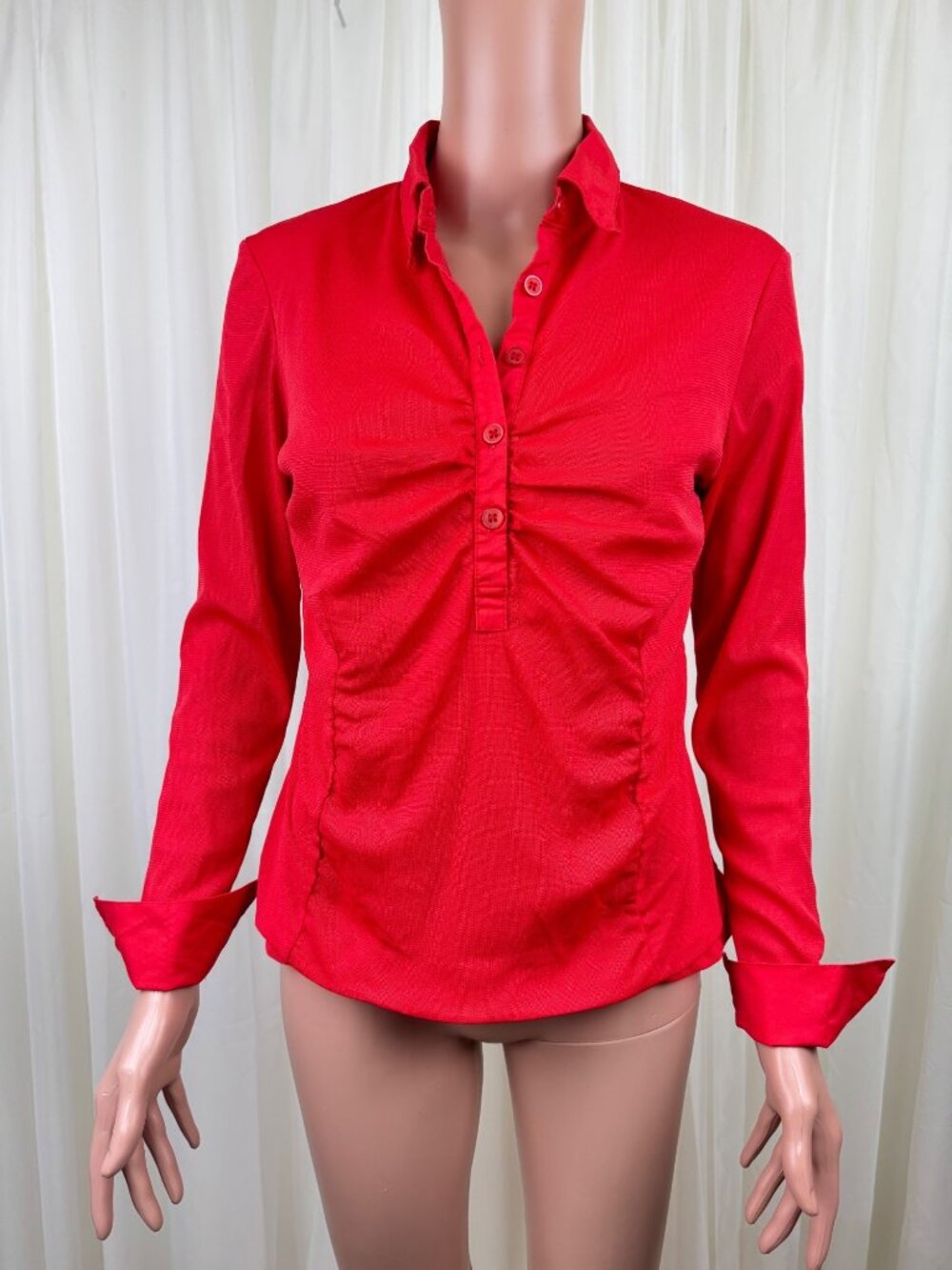 Women's Candela Rouge Accent Mesh Layer Henley Long Sleeve Blouse Top XL Red